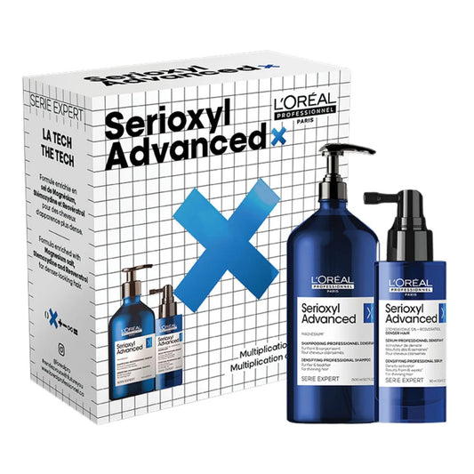 Coffret Serioxyl Advanced, shampoing et sérum densifiant.